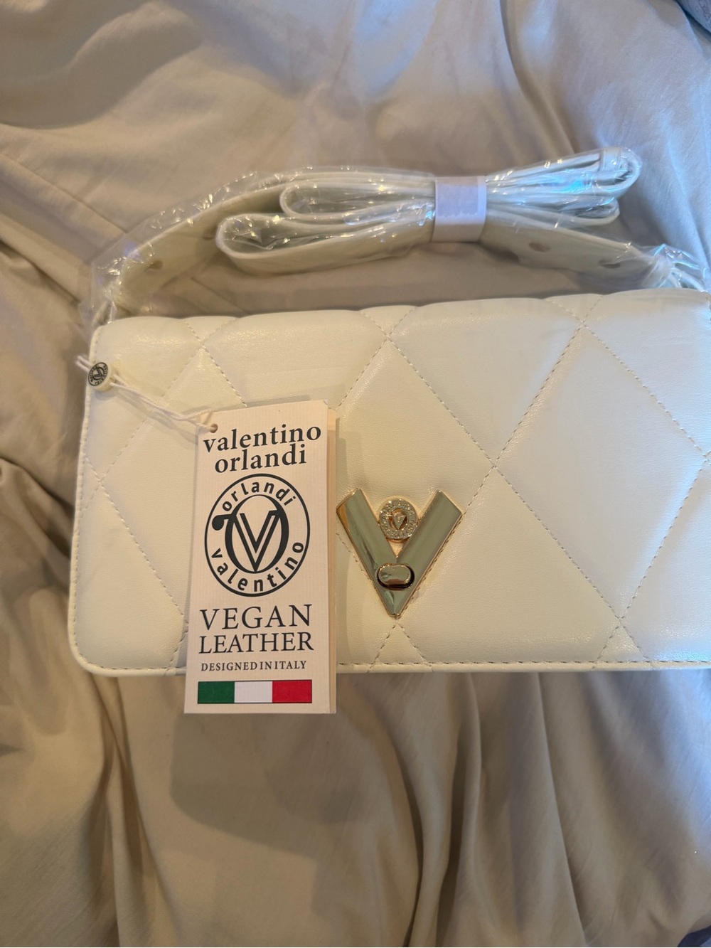 Valentino Orlandi White Quilted Vegan Leather Crossbody with Gold V Emblem